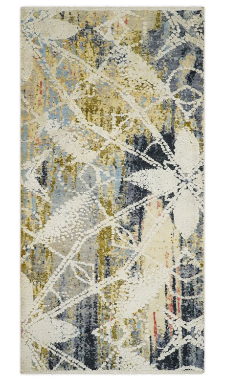 2x4 Hand Knotted Olive, Silver, Charcoal and Ivory with Wool and Art Silk | N7024-Area Rug-Parc Decor
