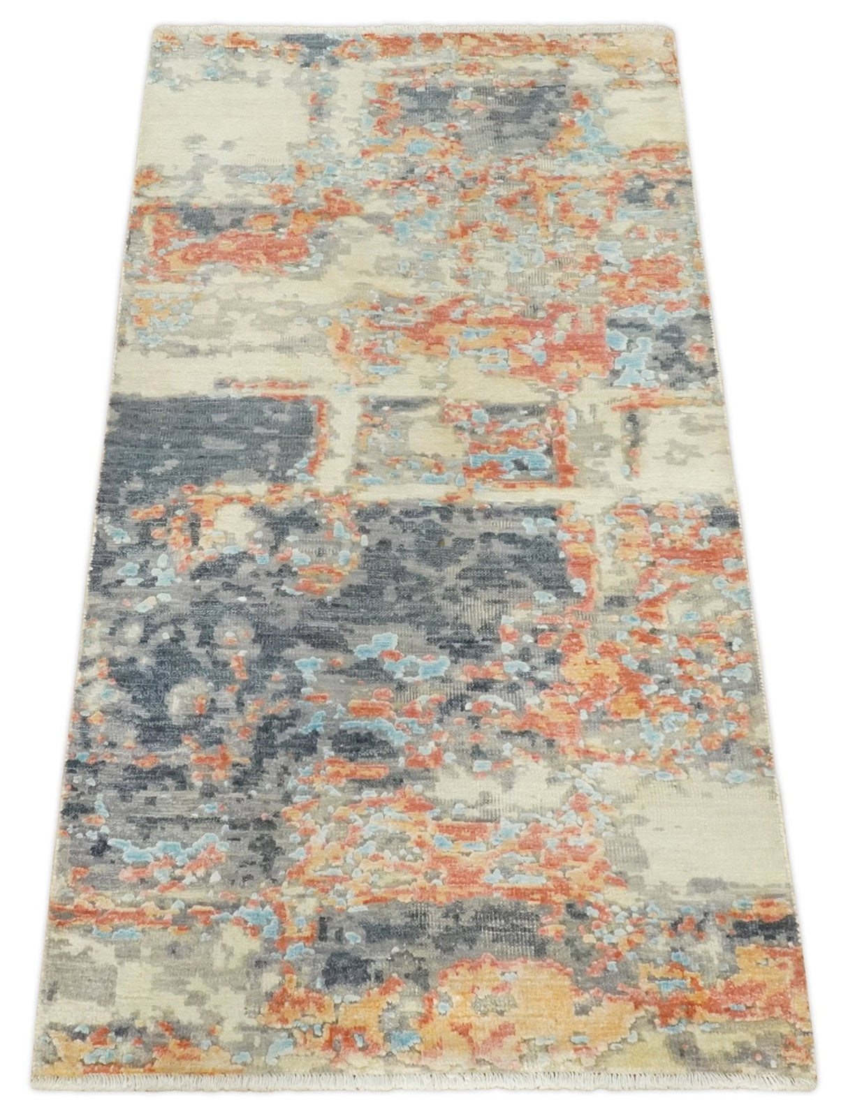 2x4 Modern Abstract Beige And Gray Hand Knotted Art Silk Rug