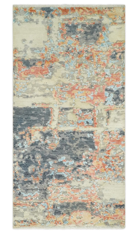 2x4 Modern Abstract Beige And Gray Hand Knotted Art Silk Rug