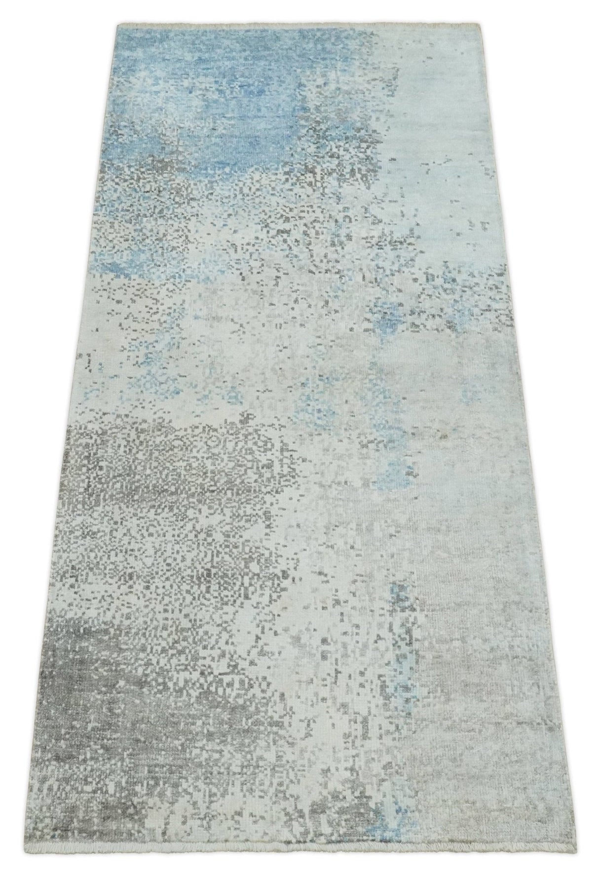 2x4 Modern Abstract Blue and Ivory Hand Loom Art Silk Rug