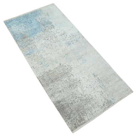 2x4 Modern Abstract Blue and Ivory Hand Loom Art Silk Rug