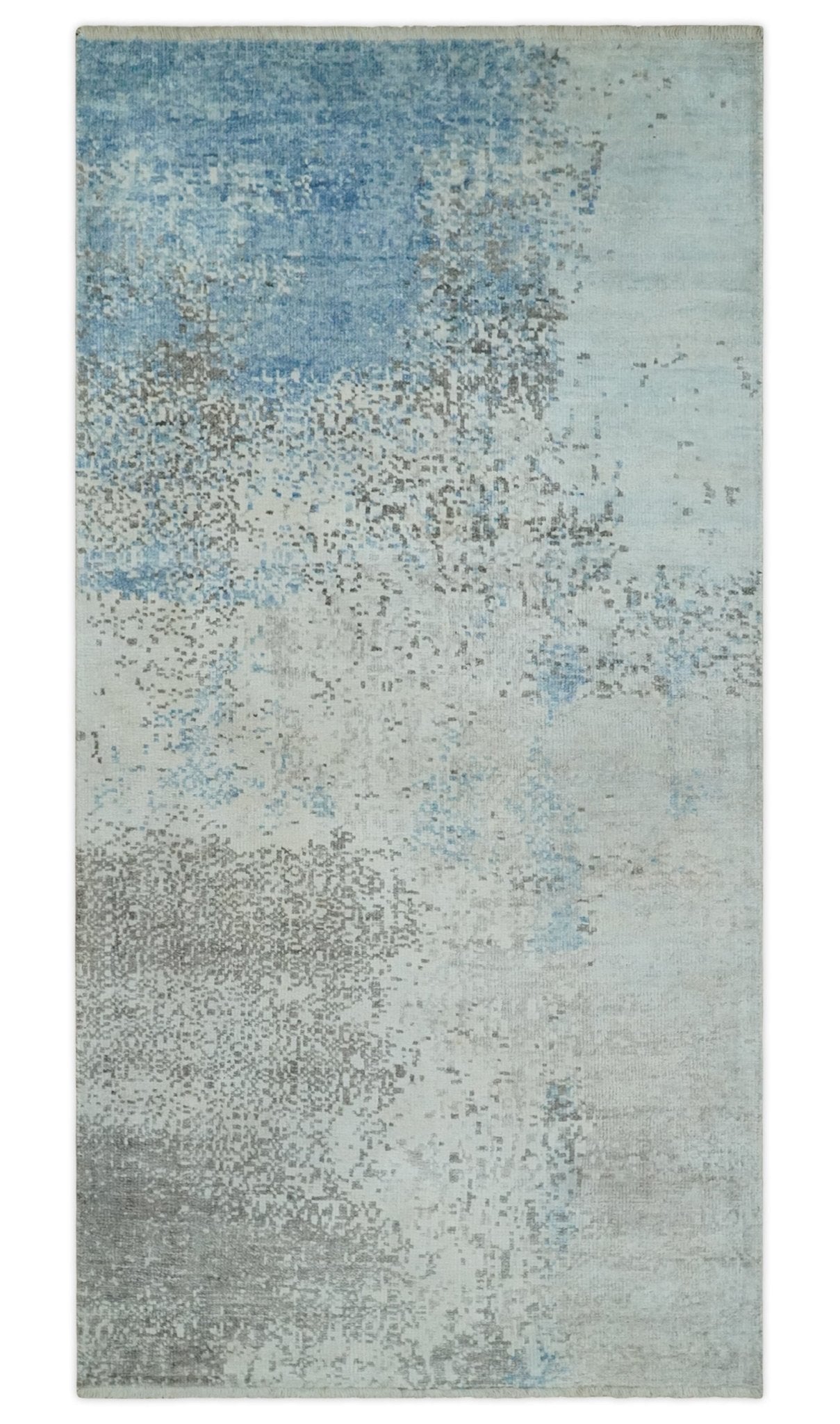 2x4 Modern Abstract Blue and Ivory Hand Loom Art Silk Rug