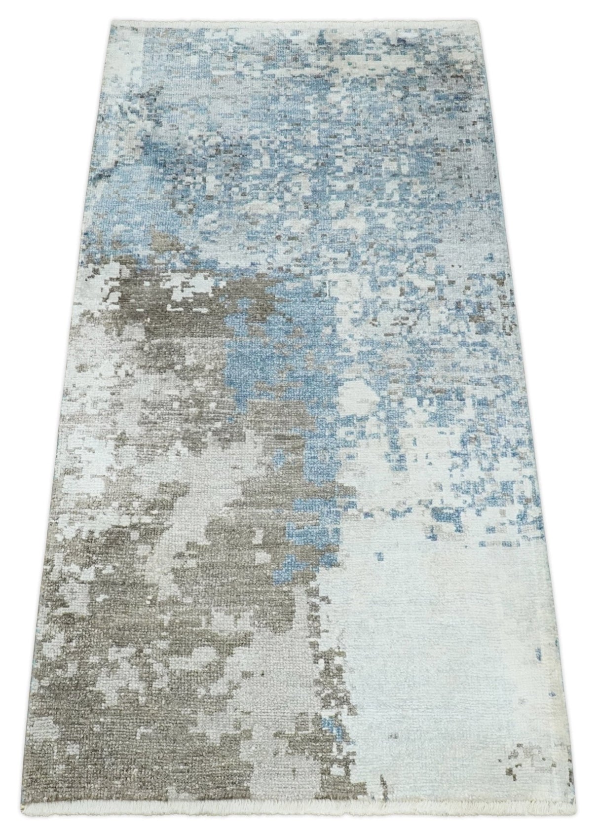 2x4 Modern Abstract Blue, Silver and Charcoal Hand Knotted Art Silk Rug| N8324-Area Rug-Parc Decor