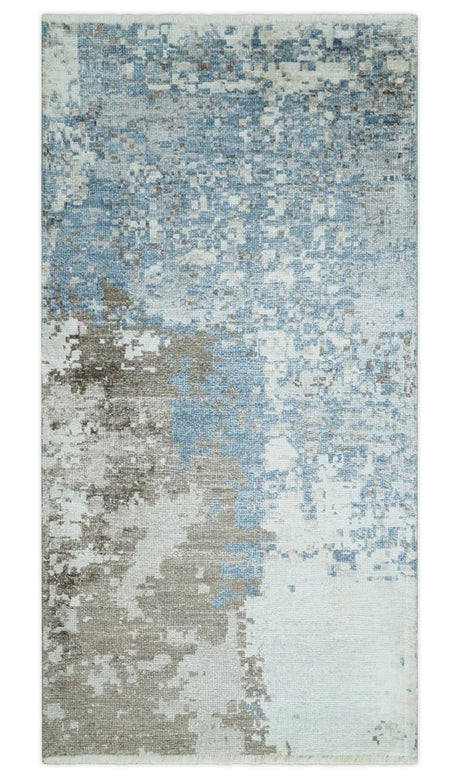 2x4 Modern Abstract Blue, Silver and Charcoal Hand Knotted Art Silk Rug| N8324-Area Rug-Parc Decor