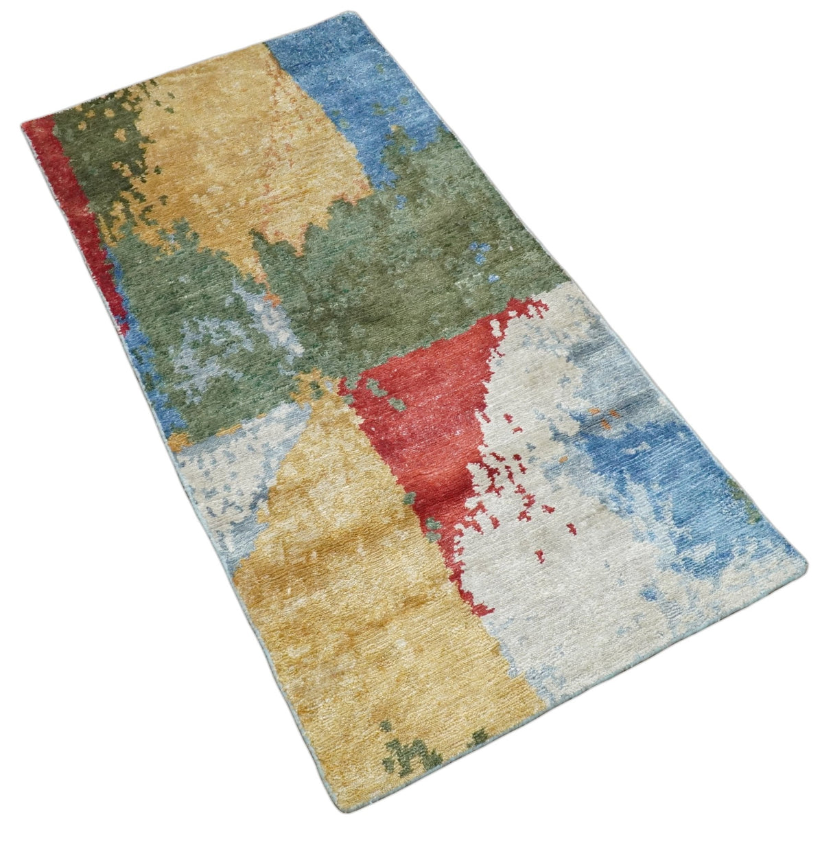 2x4 Modern Abstract Design Multicolor Wool and Silk Hand Knotted Rug