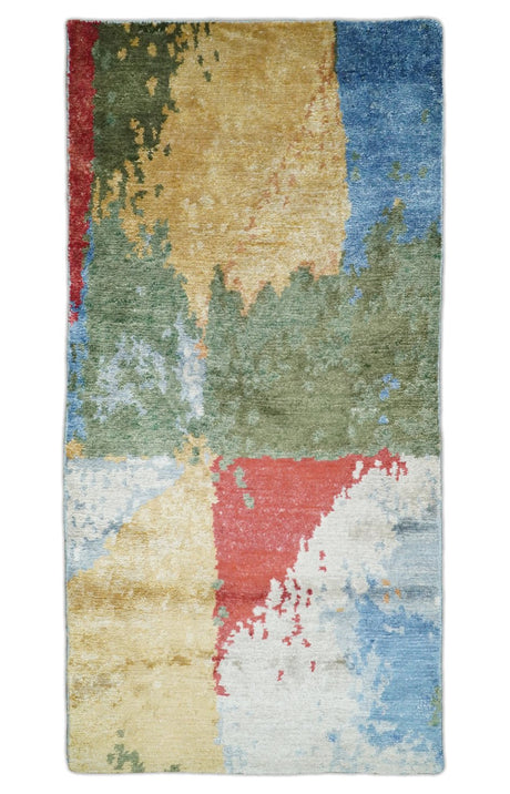 2x4 Modern Abstract Design Multicolor Wool and Silk Hand Knotted Rug