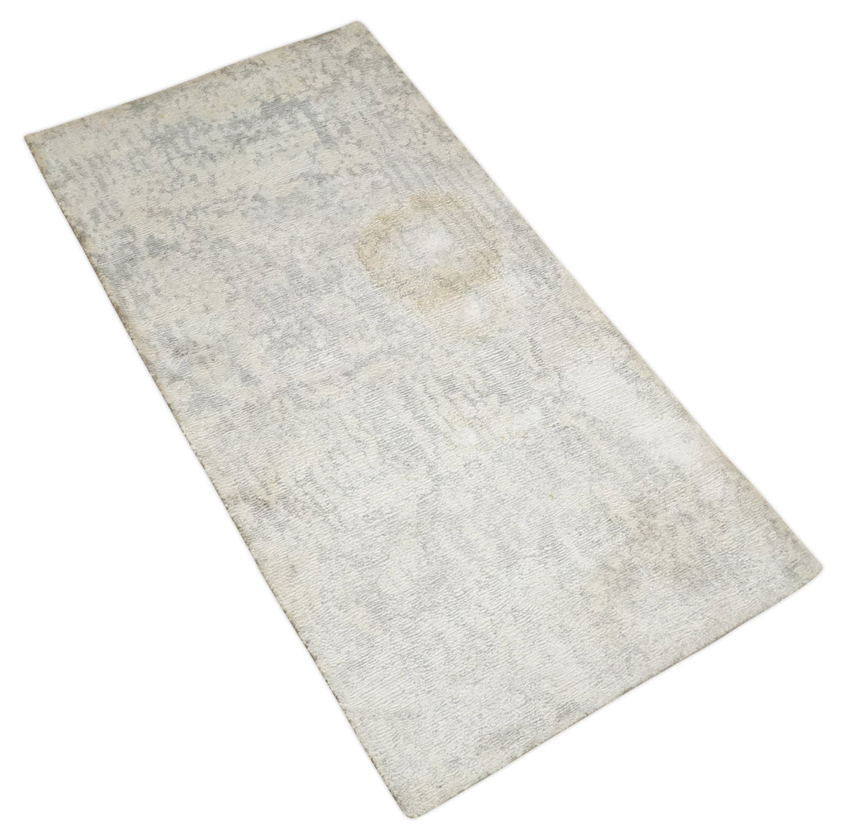 2x4 Modern Abstract Ivory and Gray Hand Knotted Art Silk Wool Rug