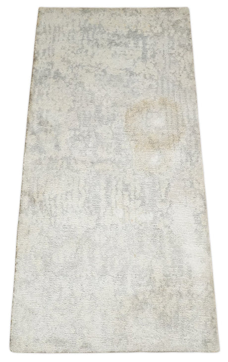 2x4 Modern Abstract Ivory and Gray Hand Knotted Art Silk Wool Rug