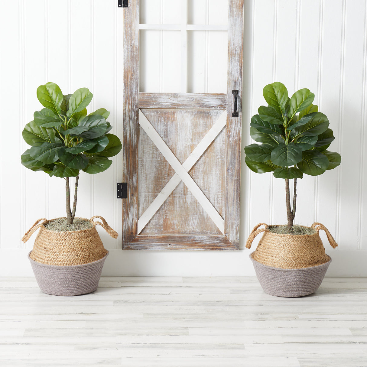 3’ Artificial Fiddle Leaf Fig Tree with Handmade Cotton & Jute Woven Planter DIY Kit - Set of 2-Parc Decor
