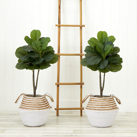 3’ Artificial Fiddle Leaf Fig Tree with Handmade Cotton & Jute Woven Planter DIY Kit - Set of 2-Parc Decor