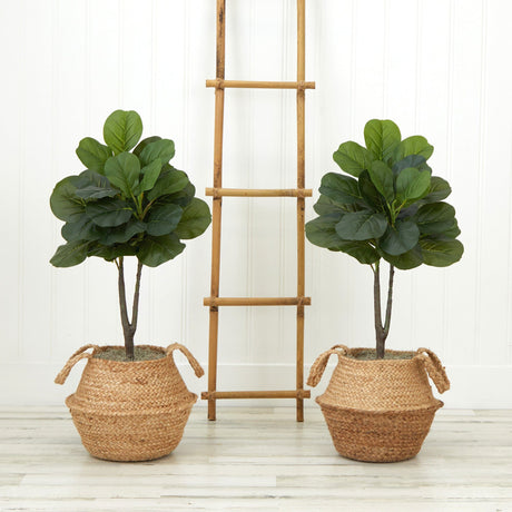 3’ Artificial Fiddle Leaf Fig Tree with Handmade Cotton & Jute Woven Planter DIY Kit - Set of 2-Parc Decor