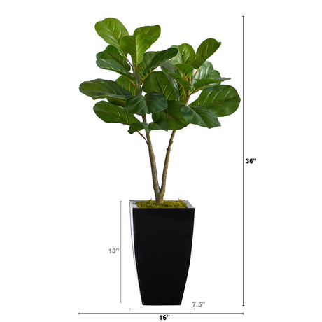 3’ Fiddle Leaf Fig Artificial Tree in Black Metal Planter-Parc Decor