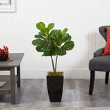 3’ Fiddle Leaf Fig Artificial Tree in Black Metal Planter-Parc Decor