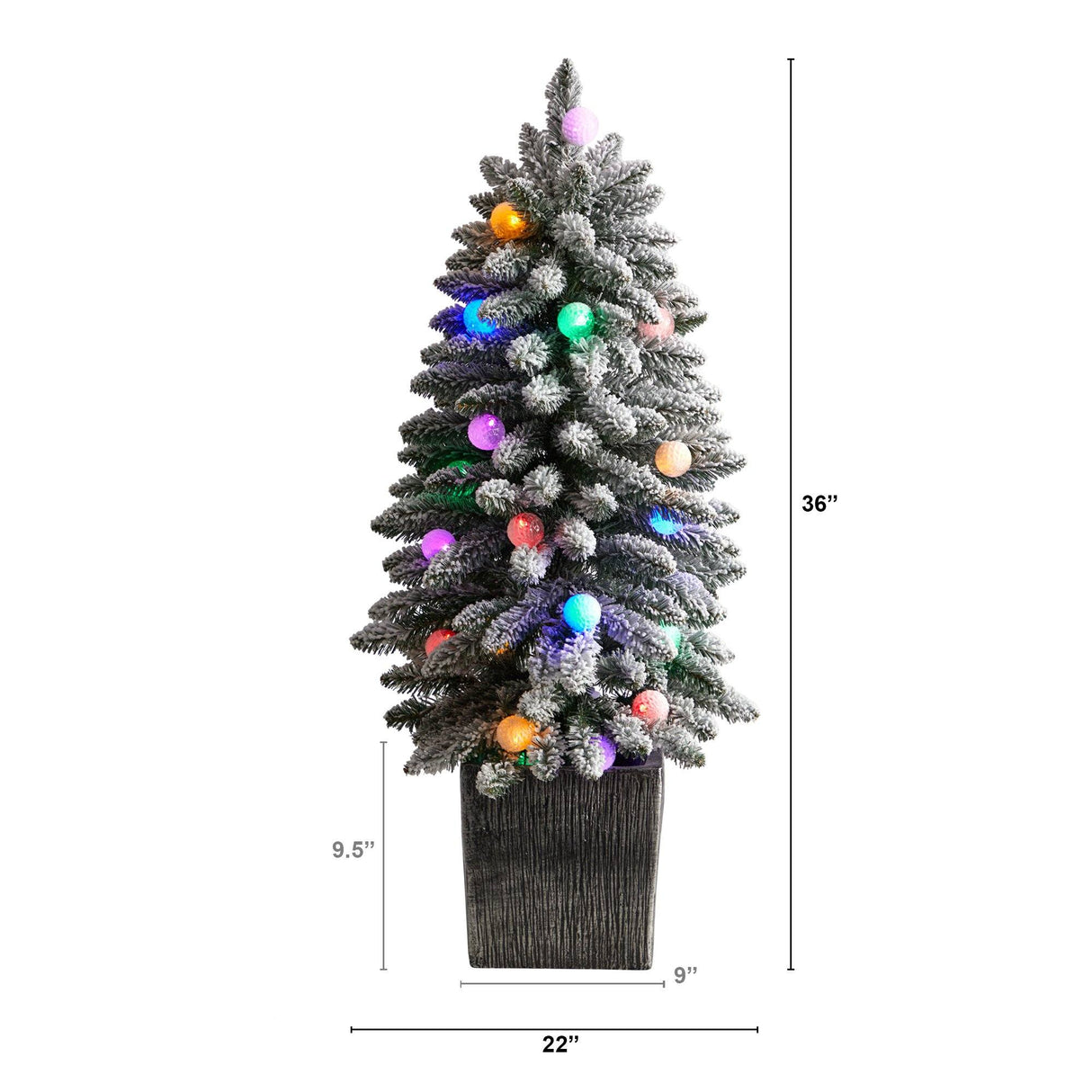 3’ Flocked Highland Fir Tree with 127 Branches and 20 LED Globe Lights in Decorative Planter-Parc Decor