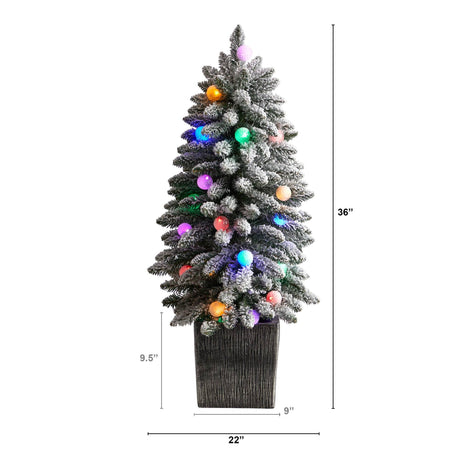 3’ Flocked Highland Fir Tree with 127 Branches and 20 LED Globe Lights in Decorative Planter-Parc Decor