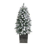 3’ Flocked Highland Fir Tree with 127 Branches and 20 LED Globe Lights in Decorative Planter-Parc Decor