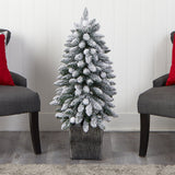 3’ Flocked Highland Fir Tree with 127 Branches and 20 LED Globe Lights in Decorative Planter-Parc Decor