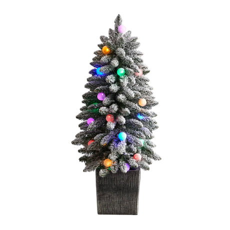 3’ Flocked Highland Fir Tree with 127 Branches and 20 LED Globe Lights in Decorative Planter-Parc Decor