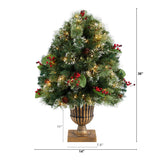3' Holiday Pre-Lit Snow Tip Greenery, Berries and Pinecones Plant in Urn with 100 LED Lights-Parc Decor