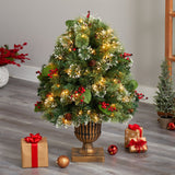 3' Holiday Pre-Lit Snow Tip Greenery, Berries and Pinecones Plant in Urn with 100 LED Lights-Parc Decor