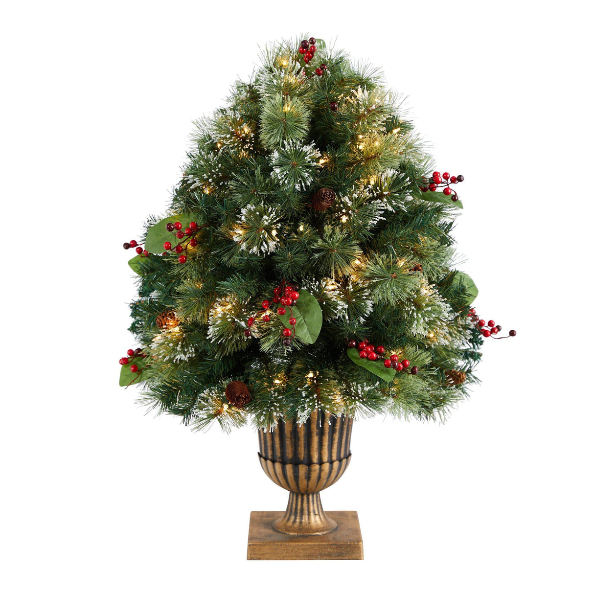 3' Holiday Pre-Lit Snow Tip Greenery, Berries and Pinecones Plant in Urn with 100 LED Lights-Parc Decor