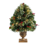 3' Holiday Pre-Lit Snow Tip Greenery, Berries and Pinecones Plant in Urn with 100 LED Lights-Parc Decor