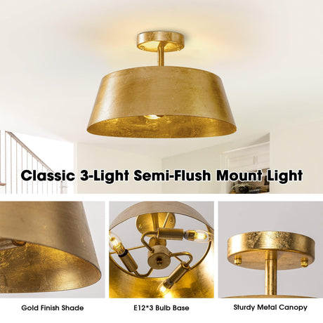 3-Light Golden Semi Flush Mount Lighting-Parc Decor