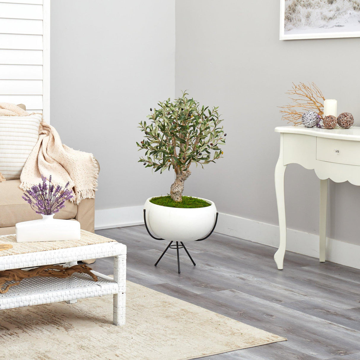 3’ Olive Artificial Tree in White Planter with Metal Stand-Parc Decor
