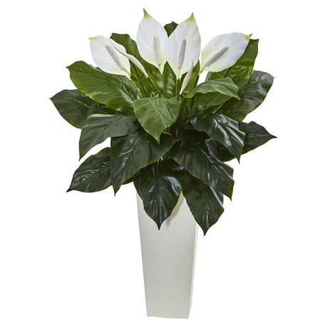 3’ Spathiphyllum Artificial Plant in White Tower Planter-Parc Decor