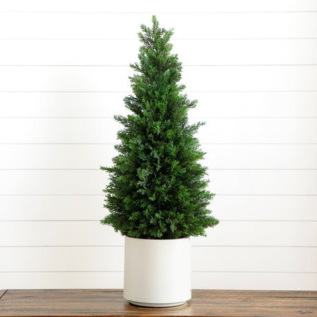 3’ Artificial Cedar Tree in White Planter UV Resistant (Indoor/Outdoor)-Tree-Parc Decor