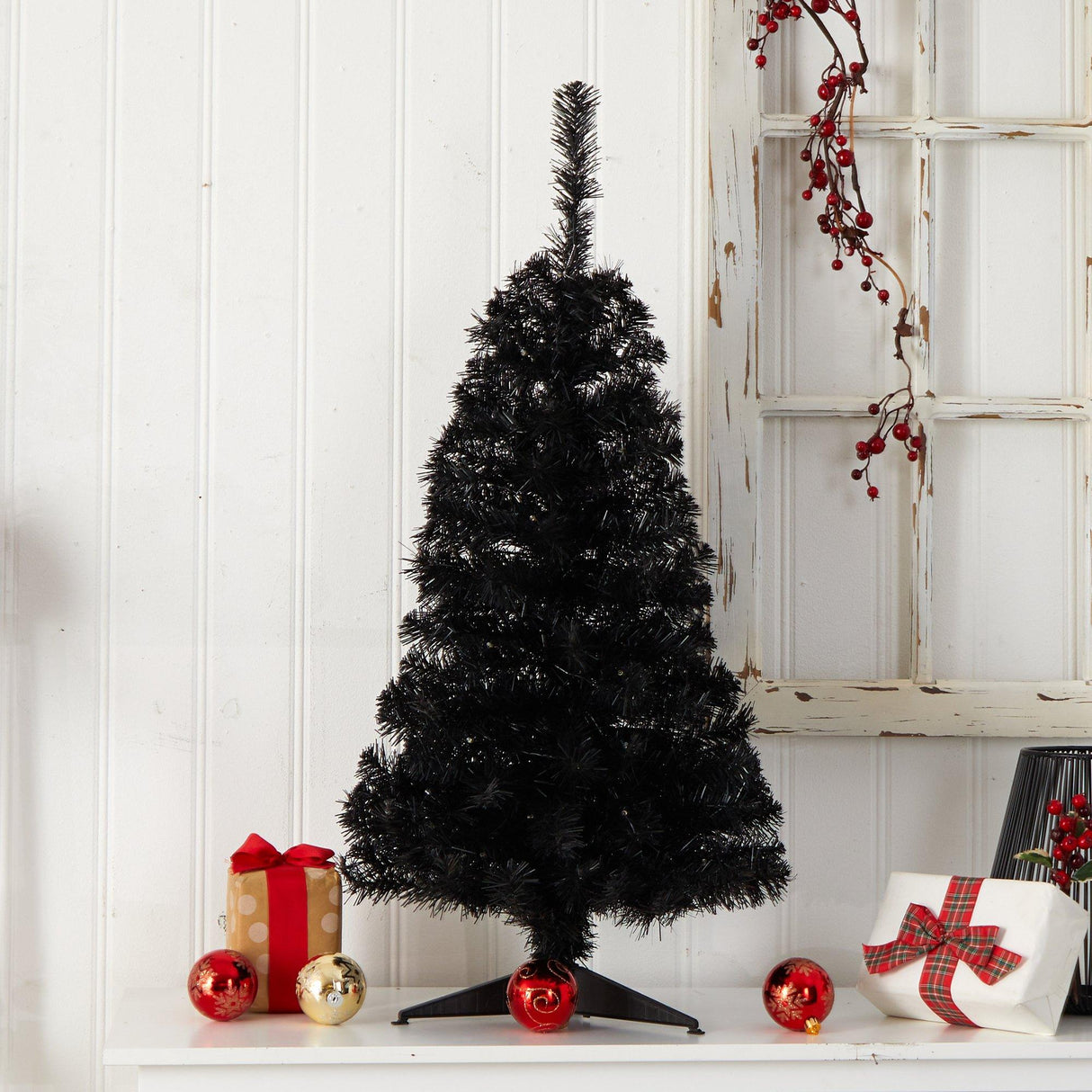 3’ Black Artificial Christmas Tree with 50 LED Lights and 118 Bendable Branches-Christmas Tree-Parc Decor