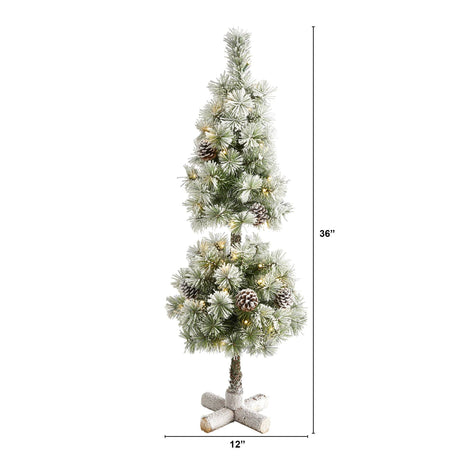 3’ Flocked Artificial Christmas Tree Topiary with 50 Warm White LED Lights and Pine Cones-Christmas Tree-Parc Decor
