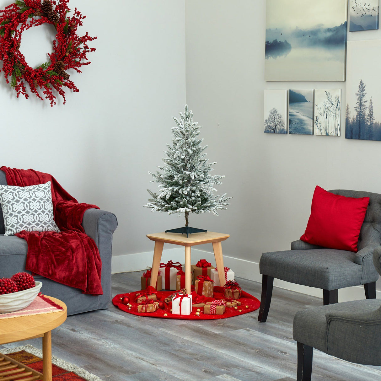 3’ Flocked Manchester Spruce Artificial Christmas Tree with 50 Lights and 133 Bendable Branches-Christmas Tree-Parc Decor