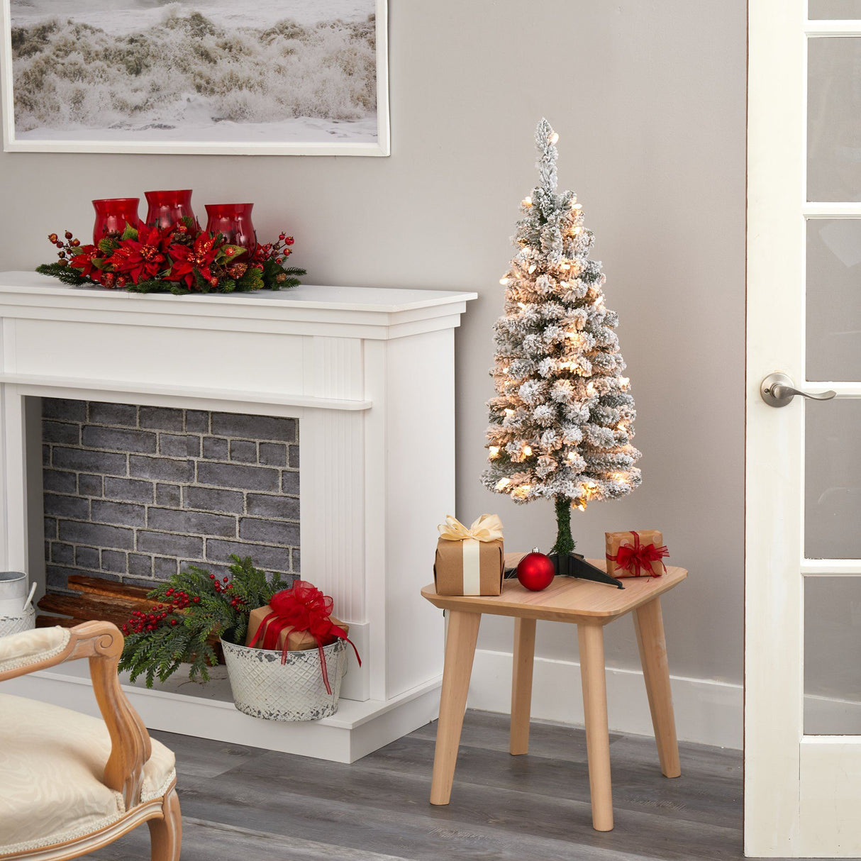 3’ Flocked Pencil Artificial Christmas Tree with 50 Clear Lights and 132 Bendable Branches-Christmas Tree-Parc Decor