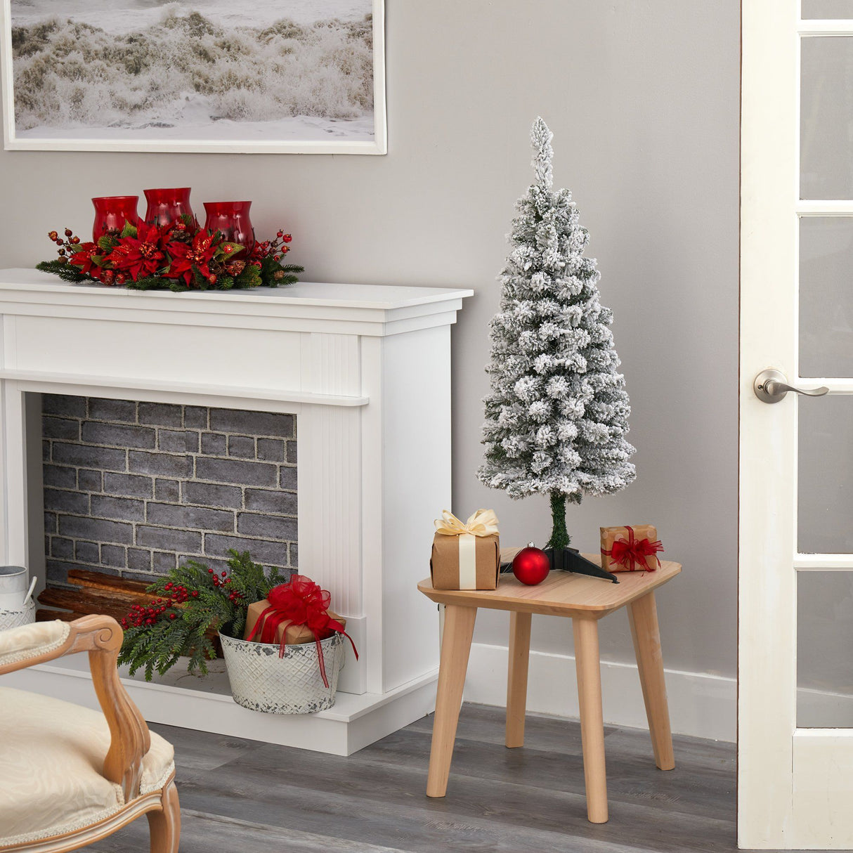 3’ Flocked Pencil Artificial Christmas Tree with 50 Clear Lights and 132 Bendable Branches-Christmas Tree-Parc Decor