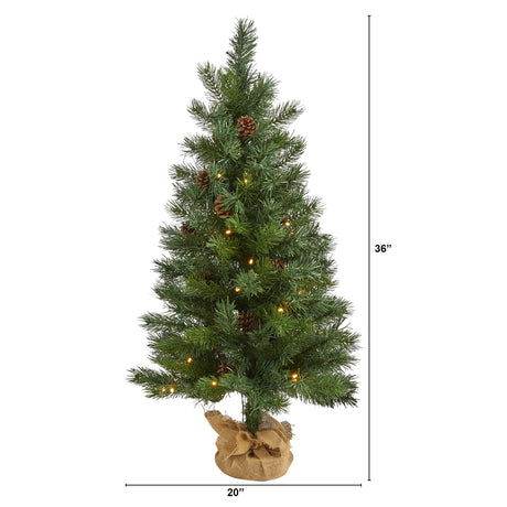 3’ Fraser Fir “Natural Look” Artificial Christmas Tree with 50 Clear LED Lights, Pinecones, a Burlap Base and 90 Bendable Branches-Christmas Tree-Parc Decor