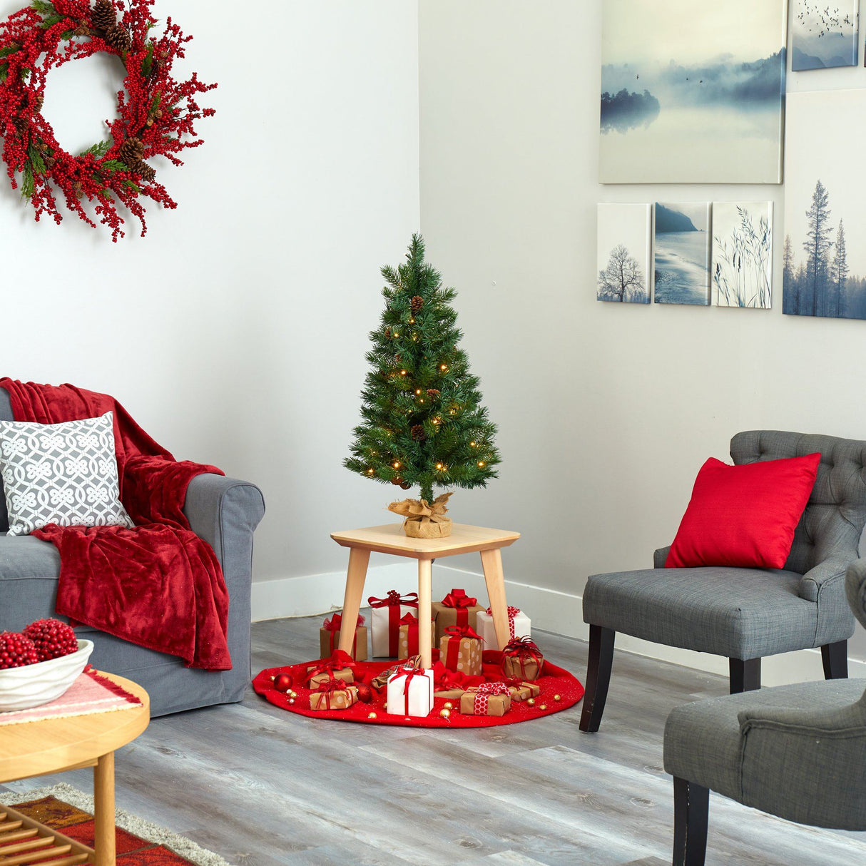 3’ Fraser Fir “Natural Look” Artificial Christmas Tree with 50 Clear LED Lights, Pinecones, a Burlap Base and 90 Bendable Branches-Christmas Tree-Parc Decor