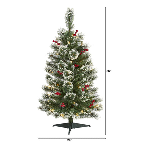3’ Frosted Swiss Pine Artificial Christmas Tree with 50 Clear LED Lights and Berries-Christmas Tree-Parc Decor