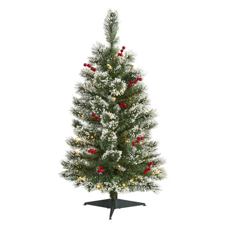 3’ Frosted Swiss Pine Artificial Christmas Tree with 50 Clear LED Lights and Berries-Christmas Tree-Parc Decor