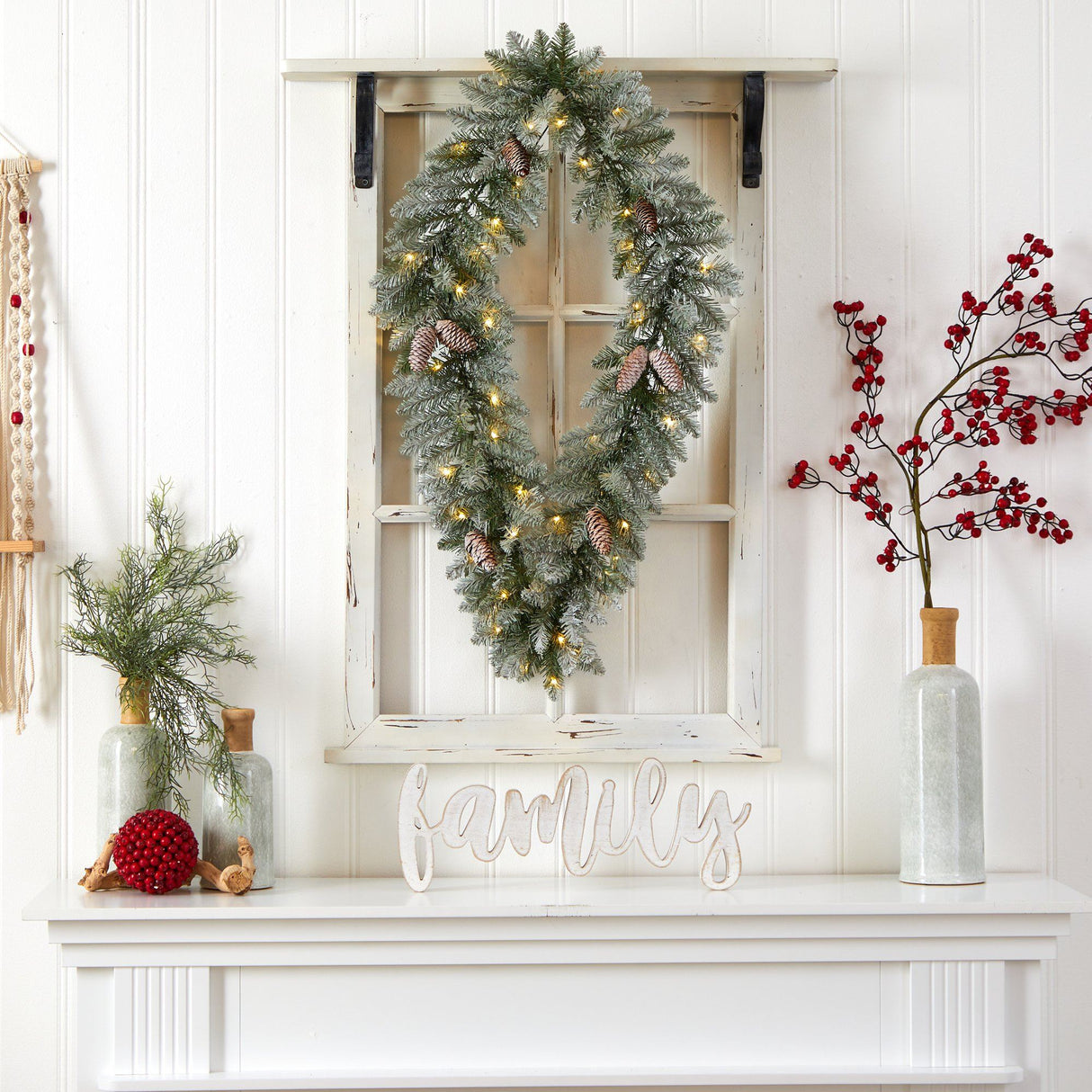 3' Holiday Christmas Geometric Diamond Frosted Wreath with Pinecones and 50 Warm White LED Lights-Wreath-Parc Decor