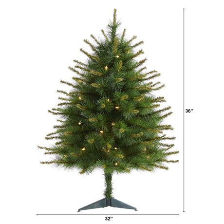 3’ New England Pine Artificial Christmas Tree with 50 Clear Lights and 117 Bendable Branches-Christmas Tree-Parc Decor