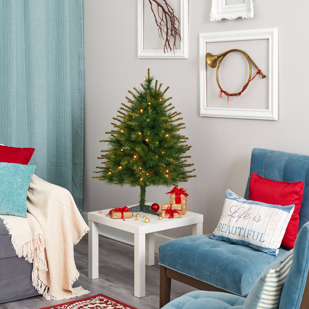 3’ New England Pine Artificial Christmas Tree with 50 Clear Lights and 117 Bendable Branches-Christmas Tree-Parc Decor