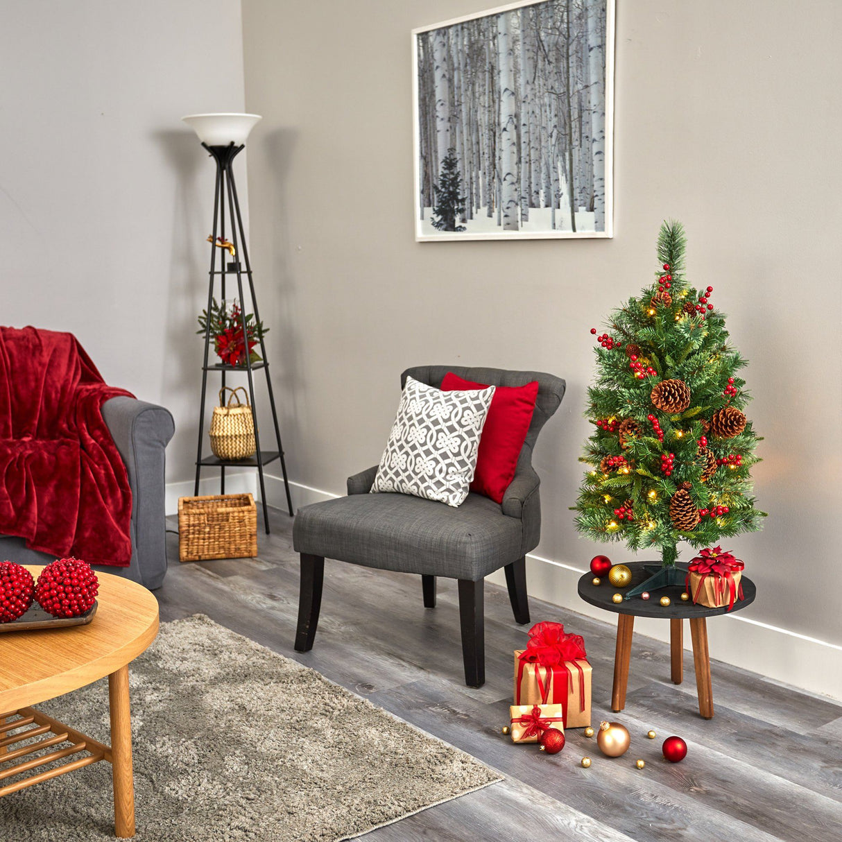 3’ Norway Mixed Pine Artificial Christmas Tree with 50 Clear LED Lights, Pine Cones and Berries-Christmas Tree-Parc Decor