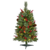 3’ Norway Mixed Pine Artificial Christmas Tree with 50 Clear LED Lights, Pine Cones and Berries-Christmas Tree-Parc Decor
