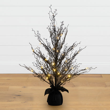 3’ Pre-Lit Halloween Black Twig Artificial Fall Tree in Burlap Planter with 42 Warm White LED Lights-Tree-Parc Decor