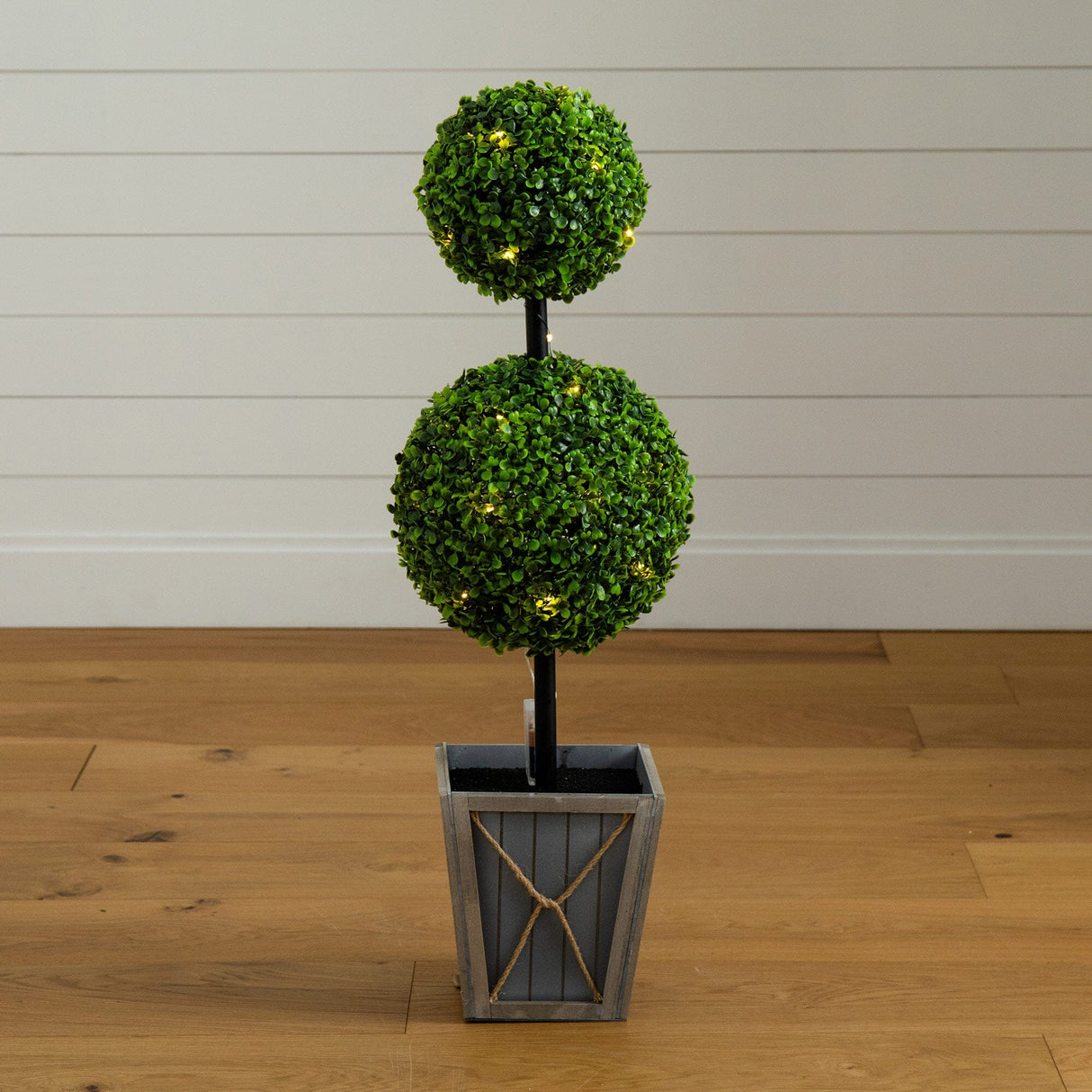 3’ UV Resistant Artificial Double Ball Boxwood Topiary with LED Lights in Decorative Planter (Indoor/Outdoor)-Tree-Parc Decor