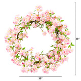 30” Artificial Pink Cherry Blossom Wreath-Wreath-Parc Decor
