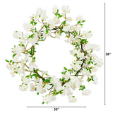30” Artificial White Cherry Blossom Wreath-Wreath-Parc Decor