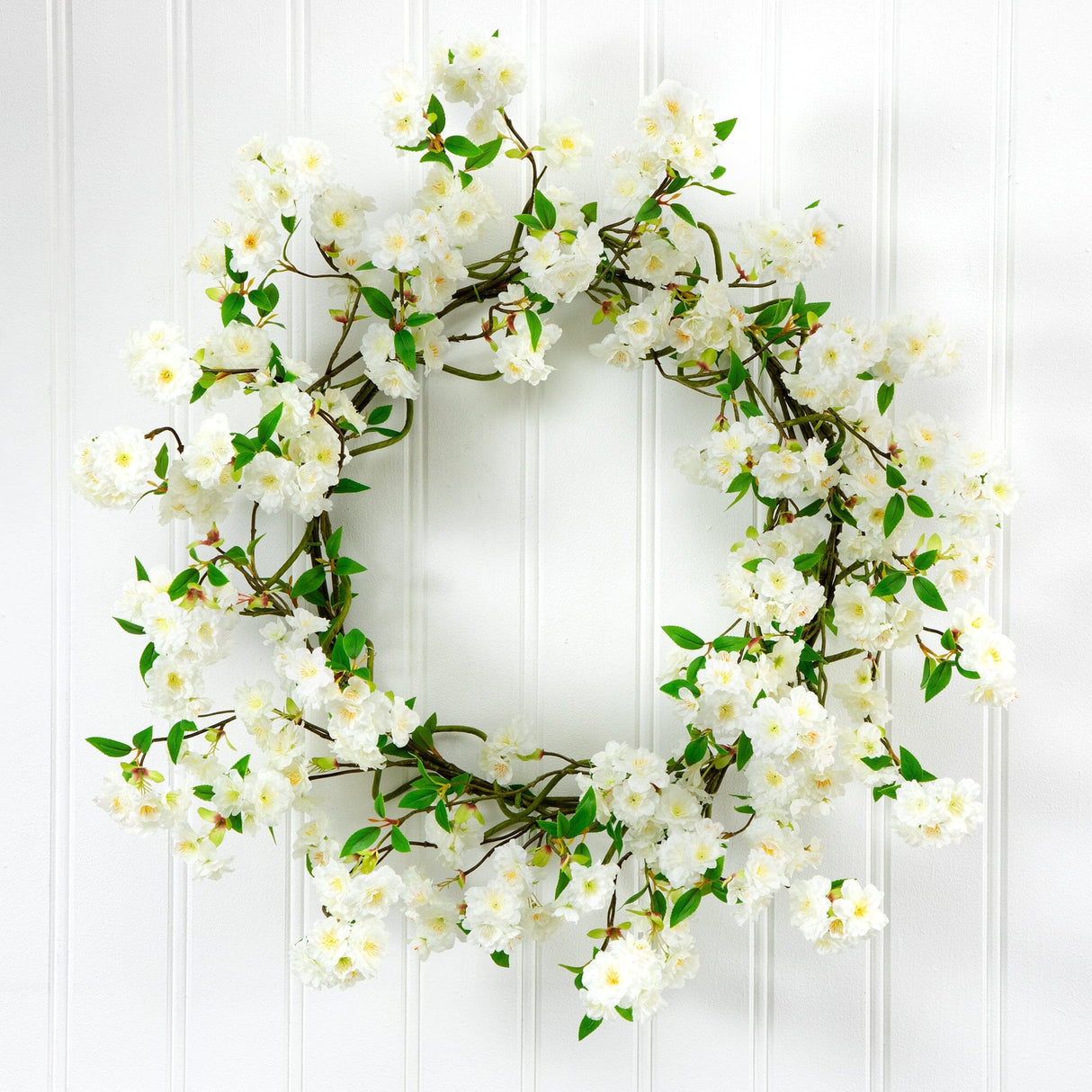 30” Artificial White Cherry Blossom Wreath-Wreath-Parc Decor