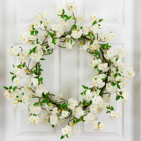 30” Artificial White Cherry Blossom Wreath-Wreath-Parc Decor